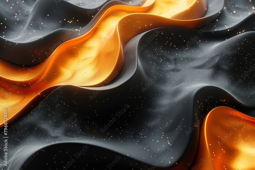 Poster this image shows a flowing abstract pattern of golden and black waves, sparkling with golden particl