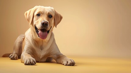 The image shows a happy, smiling dog. It is a Labrador retriever, and it is lying down on a beige background.