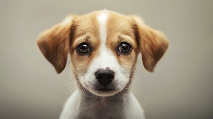 A cute puppy with big eyes and a wet nose is looking at the camera. The puppy has light brown fur with a white belly and paws.