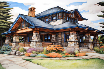 Prairie Style House (Cartoon Colored Pencil) - Originated in the United States in the early 20th century, characterized by horizontal lines, flat roofs, and an emphasis on natural materials