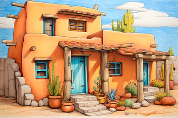 Pueblo Style House (Cartoon Colored Pencil) - Originated in the southwestern United States in the early 20th century, characterized by thick adobe walls, flat roofs, and a simple, functional design