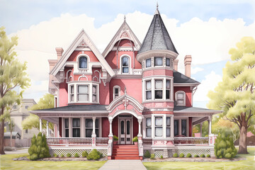 Queen Anne Revival Style House (Cartoon Colored Pencil) - Originated in the United States in the late 19th and early 20th century, characterized by a grand, ornate design with asymmetrical features