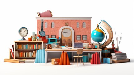 Obraz premium a school desc modern with a school accessoryâ€™s on white background, 3d,red brick school