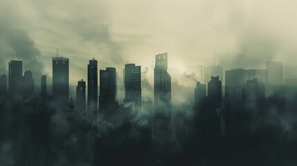 An urban skyline shrouded in fog, with the silhouette of high-rise buildings looming mysteriously in the mist, creating an atmospheric scene.