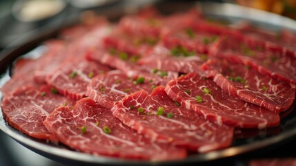 Naklejka premium Close-up of thinly sliced premium beef arranged neatly on a platter, awaiting to be cooked in a flavorful broth