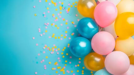 Festive background featuring vibrant balloons and scattered confetti on a vivid blue backdrop, perfect for celebrations and party themes.