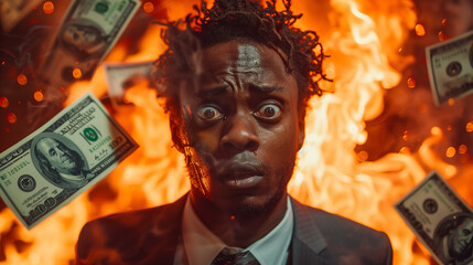 Alarmed Young Black Man with Falling Money and Fiery Backdrop