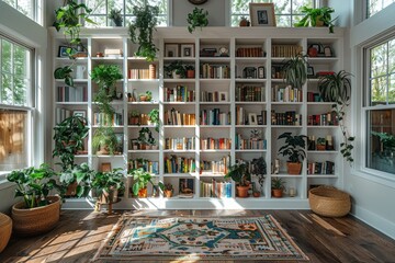 A sunlit cozy corner with bookshelves full of books and a plethora of green plants, perfect for home decor inspiration