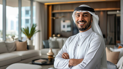 Confident Emirati Man in Traditional Attire Inside Sophisticated Apartment