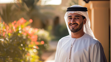 Smiling Emirati Man in a Kandura with Warm Backlit Garden Setting