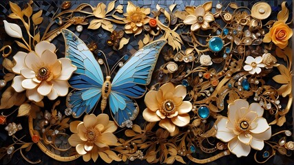 A beautiful mosaic of butterflies, flowers, and golden jewelry. Rich, vivid colors are used, and the details are minute and striking.