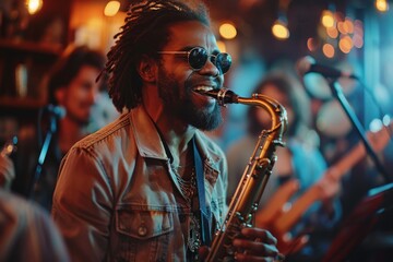 An energetic musician passionately playing the saxophone in a vibrant club setting, exuding the...