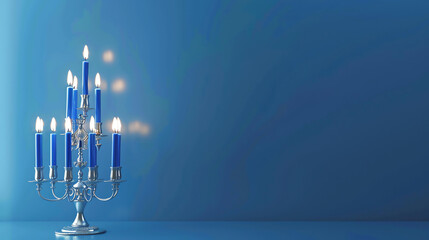 A silver menorah with blue candles is placed on a blue table against a blue background.