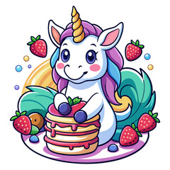 Unicorn sticker for a t-shirt with the unicorn balancing a stack of pancakes on its horn, surrounded by floating syrup bottles and berries, with the caption