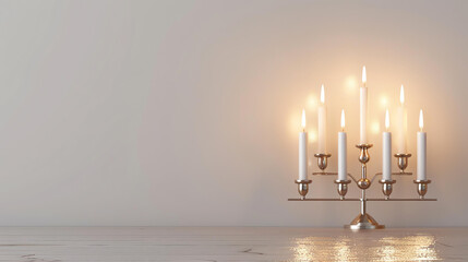 A beautiful image of a menorah with 9 candles burning brightly against a soft, neutral background.