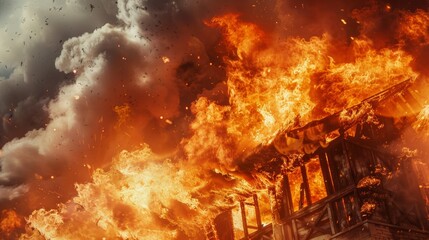 A photorealistic close-up of a raging inferno, with flames engulfing a wooden structure and smoke billowing into the sky.