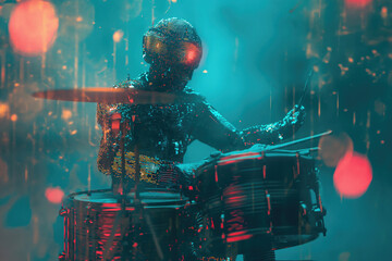 Robot playing drums in the rain