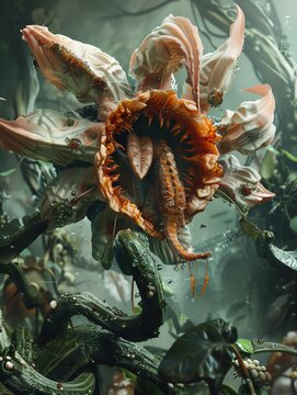 A carnivorous flower with a long tongue that is covered in sharp teeth. The flower is surrounded by a variety of insects and small animals that have been caught in its trap.