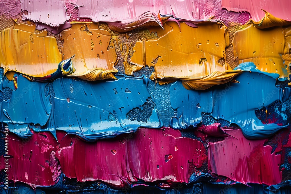 Poster a colorful array of bold acrylic paint strokes on canvas, showcasing a rich texture and a dynamic co
