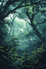 A dense jungle with tall trees and a variety of plants and ferns. The light is shining through the trees creating a dappled pattern on the ground.