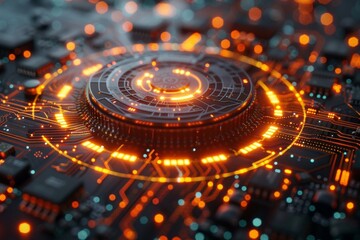 This high-tech image shows a detailed circuit board with glowing orange lights, representing advanced technology and modern electronics