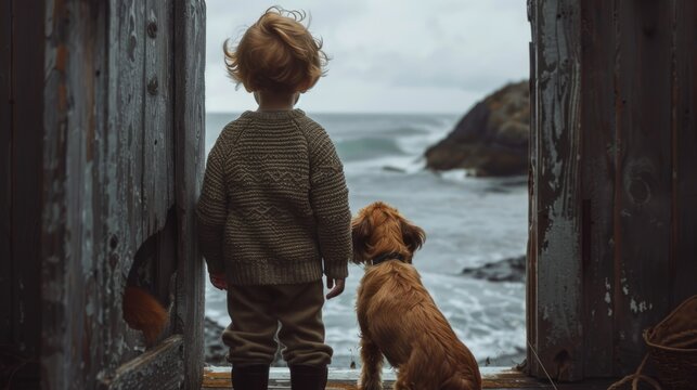 A young child with curly red hair stands with a small dog, both looking out at a stormy sea from an old, rustic doorway. The mood is thoughtful and serene.