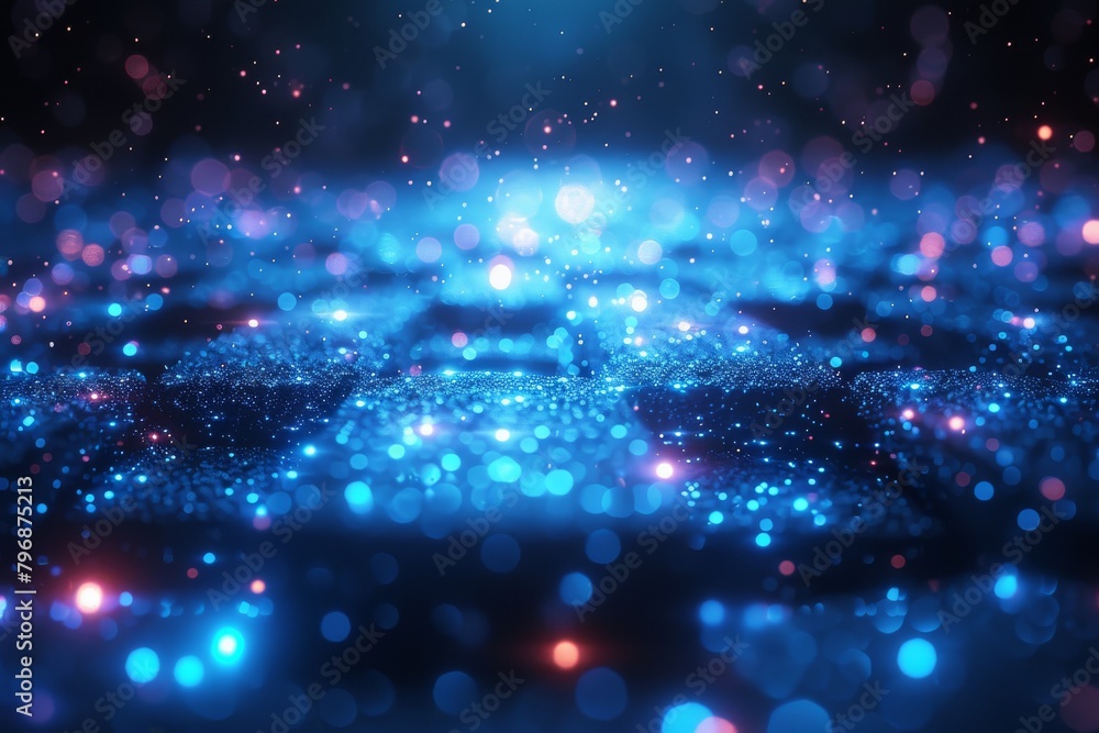 Poster this image conveys a sense of wonder with twinkling particles and lights scattered across a dark cos