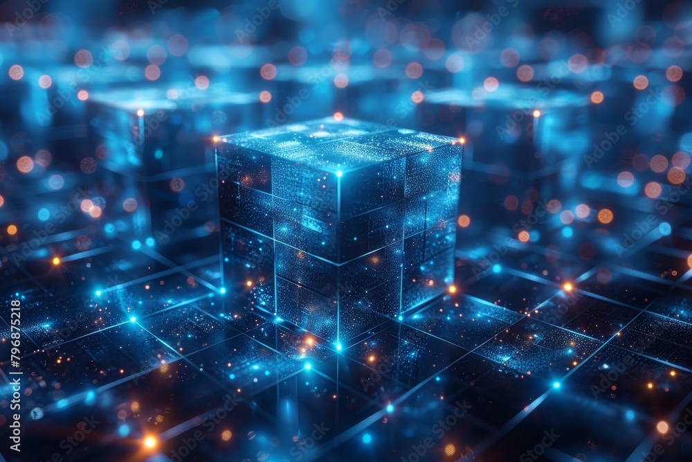 Poster this image presents a glowing blue cube surrounded by an expansive network of illuminated points rep