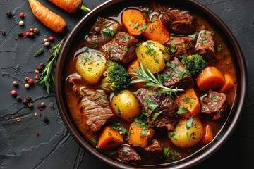 A close-up of a hearty beef stew with carrots, potatoes, and herbs in a black bowl on a dark surface