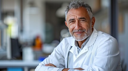 A man in a lab coat is sitting with a beard, crossing his arms and smiling