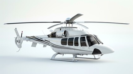 White and gray helicopter on a white background. The helicopter is sleek and modern, with a long, narrow body and a large rotor. - Powered by Adobe