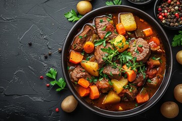 A delicious beef stew with chunks of tender meat, potatoes, carrots, and a sprinkle of fresh herbs for garnish