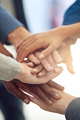 Business people, team and huddle for hands in stack, community and support or unity. Colleagues,...