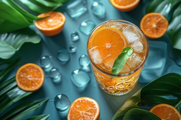 Icy orange cocktail garnished with a green leaf, surrounded by vibrant orange slices and ice on a teal background