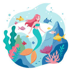 Whimsical design showcasing a fantastical underwater world, where mermaids swim gracefully among colorful coral reefs