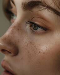 This detailed close-up shot captures the natural beauty of a young woman's face, highlighting her green eyes, light freckles, and the texture of her skin.