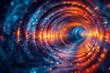 A digital art piece depicting a swirling tunnel with a center that glows like fiery embers,...