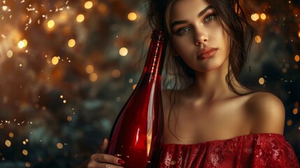 Stunning portrait of an elegant woman with red lips and a red glitter champagne bottle, against a sparkling red background.