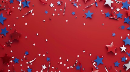 Red, white and blue stars and streamers on a red background. Perfect for Memorial Day, 4th of July, or any other patriotic holiday.