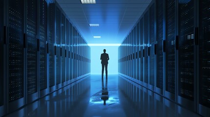 A businessman stands in a dark server room, illuminated by the blue light of the servers. He is looking at the servers.