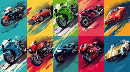 8 retro motorcycles and cars in a pop art style