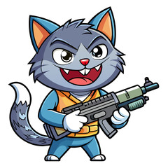 Mischievous cat wielding a comically oversized gun, complete with a playful expression on its face, suitable for a t-shirt or sticker
