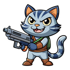 Mischievous cat wielding a comically oversized gun, complete with a playful expression on its face, suitable for a t-shirt or sticker