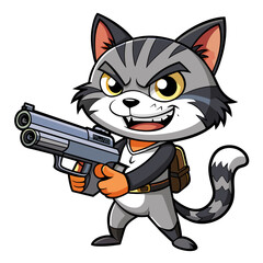 Mischievous cat wielding a comically oversized gun, complete with a playful expression on its face, suitable for a t-shirt or sticker