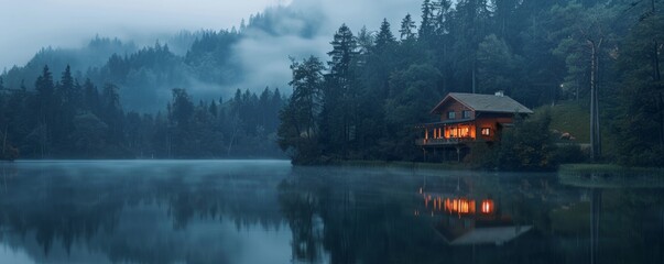 Serene lakeside cabin at dusk