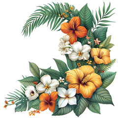 Fototapeta premium Tropical Leaves and Flowers Garland Bouquet For Wedding Card on white Background
