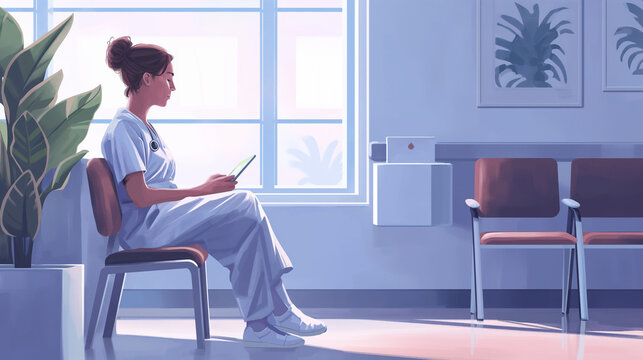 A serene scene of a nurse seated in a cozy corner of the waiting room, taking a moment to review patient charts and update medical records on a digital tablet, amidst the quiet amb