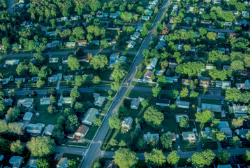 Aerial view over suburban homes. Burlington, Vermont
