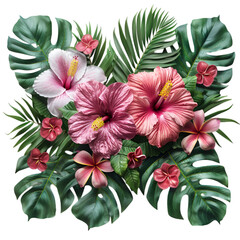 Obraz premium Tropical Leaves and Flowers Garland Bouquet For Wedding Card on white Background