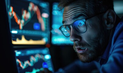 Trader's facial expression, fear while looking at the crypto market in his computer